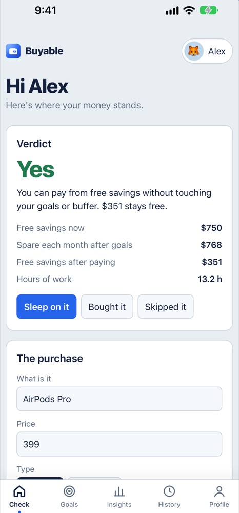 Buyable home screen showing a Yes verdict for a $399 purchase