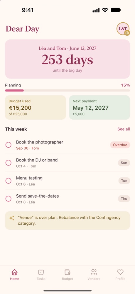 Dear Day home screen with a wedding countdown, budget and weekly tasks